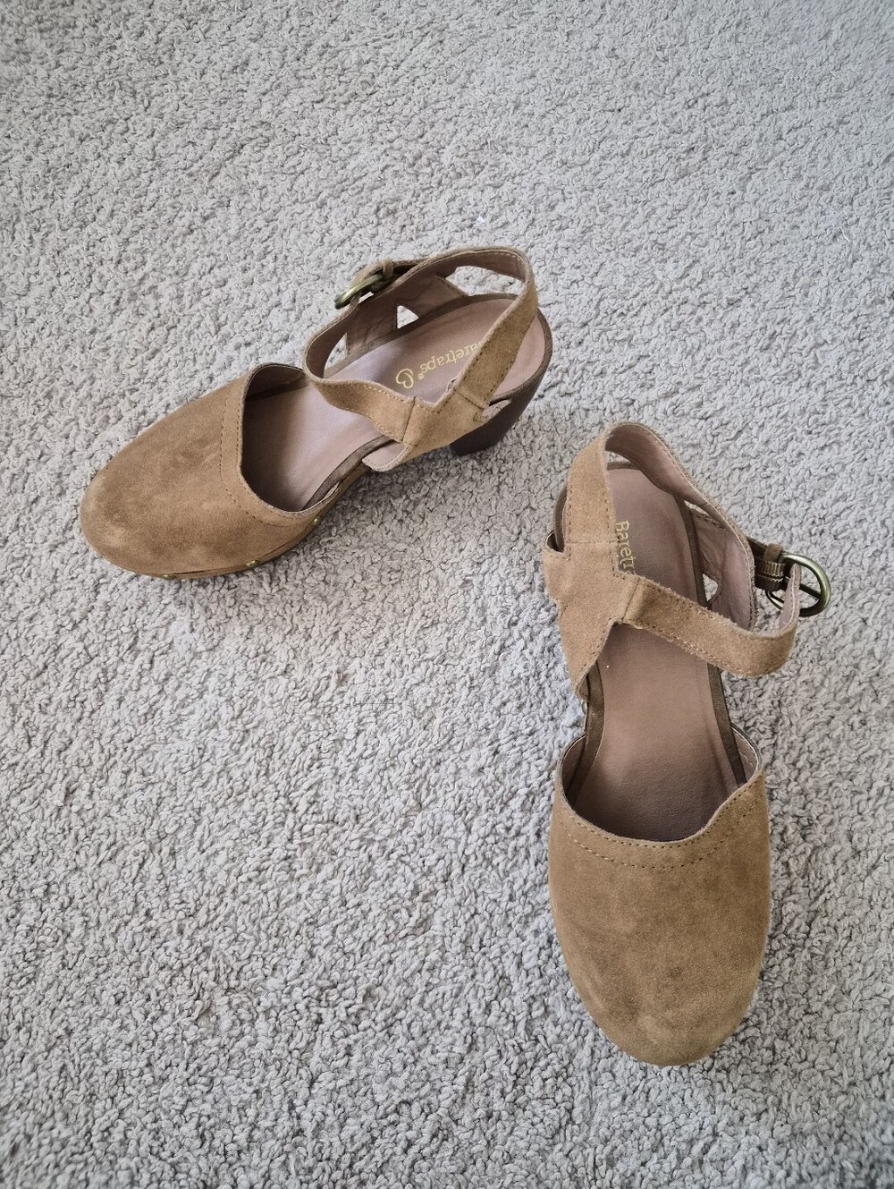 Suede Tan Ankle-Strap Block Heels - Women's Comfort Style